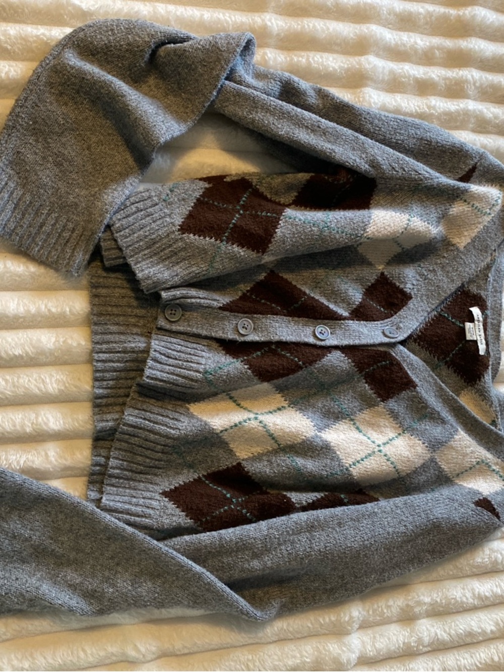 Womens cropped Gray Argyle Button Cardigan Sweater - Gray/Brown